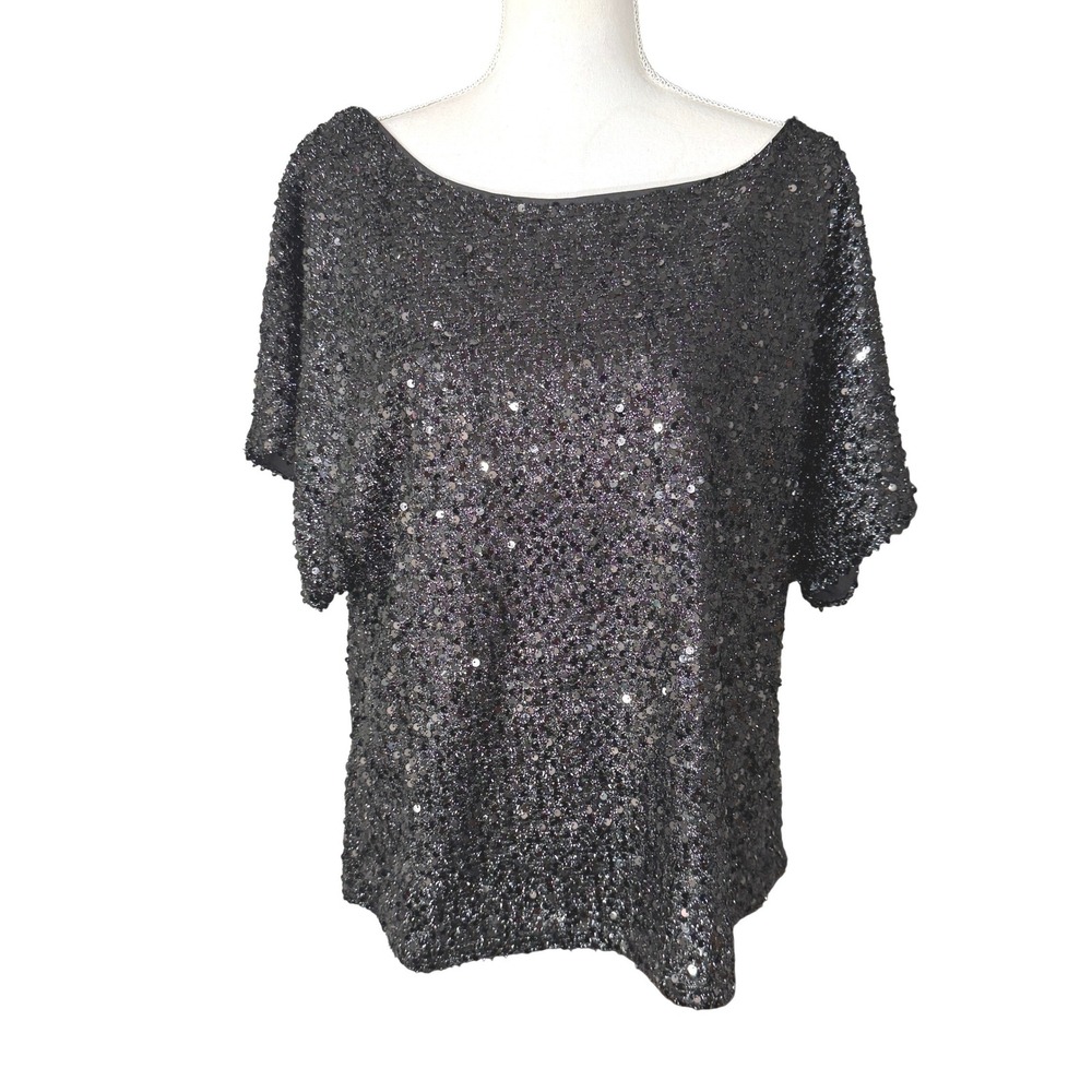 Vine & Love Black Sequin Dolman Sleeve Top Boat Neck Blouse Women's Small NWT